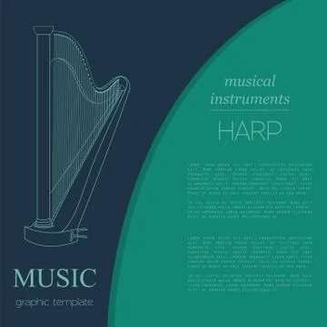 Musical instruments graphic template. Harp Ilustración de archivo