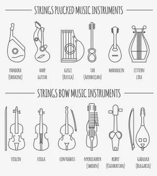 Musical instruments graphic template. Strings plucked and bow Illustrazione stock