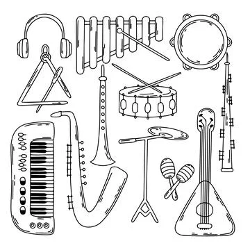 Musical instruments in hand drawn doodles style. Vector set of music elements Stock Illustration