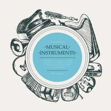 Musical Instruments - hand drawn round banner template. Stock Illustration