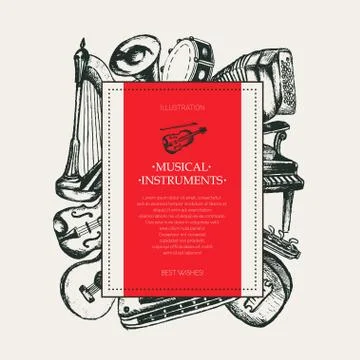 Musical Instruments - hand drawn square postcard template. Stock Illustration