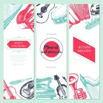 Musical Instruments - hand drawn template banner. Stock Illustration