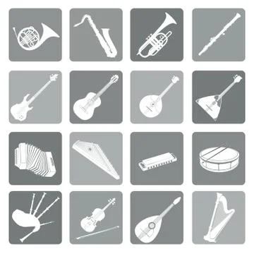 Musical instruments icon set. Folk music signs Stock Illustration