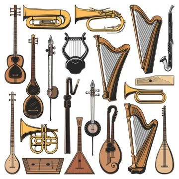 Musical instruments, isolated vector icons Illustrazione stock