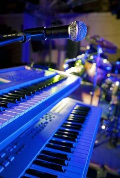 Musical instruments in live Close up image of microphone and keys in live ... Stock Photos