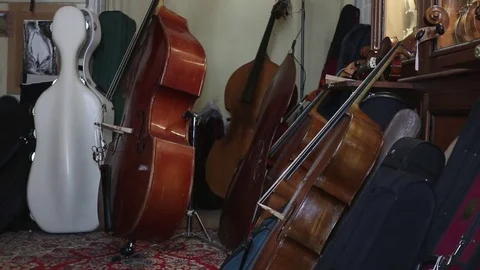 Musical instruments in a luthier shop Stock Footage 83446891