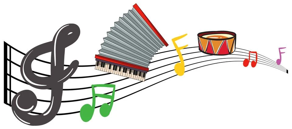 Musical instruments with music notes in background Stock Illustration