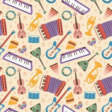 Musical instruments seamless pattern. Cartoon orchestra accessories, funny Stock Illustration