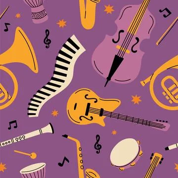 Musical instruments seamless pattern. Electric, acoustic tools, melody creation Stockillustratie