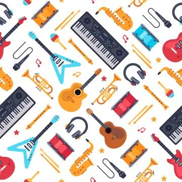 Musical instruments seamless pattern. Vintage piano synthesizer, rock guita.. Stock Illustration