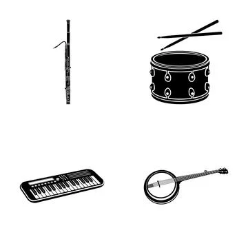 Musical instruments set including bassoon, drum, synthesizer, and banjo Stock Illustration