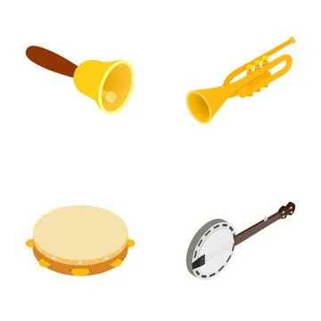 Musical instruments set including bell, trumpet, tambourine, banjo Stock Illustration