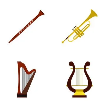 Musical instruments set including flute, trumpet, harp and lyre 스톡 일러스트