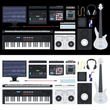 Musical instruments set, including a guitar, drum, keyboard, digital audio Illustrazione stock