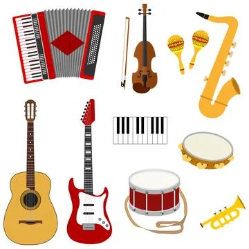 Musical instruments, a set of musical instruments. Guitar, saxophone, drum Stock Illustration