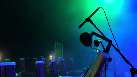 Musical instruments, on stage during the break of the concert in the great hall Stock Footage 246848784