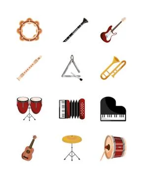 Musical instruments string wind percussion icon set isolated icon Stock Illustration