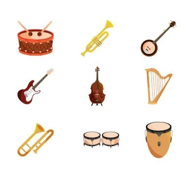 Musical instruments string wind percussion icon set isolated icon Stock Illustration