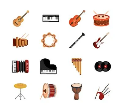 Musical instruments string wind percussion icon set isolated icon Stock Illustration