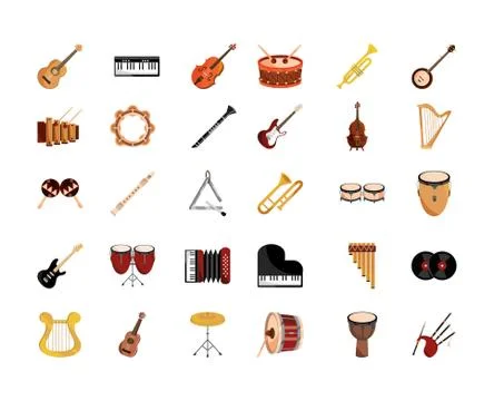 Musical instruments string wind percussion icon set isolated icon Stock Illustration