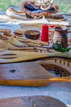 Musical instruments stringed middle ages lute, pipe selective focus Stock Photos