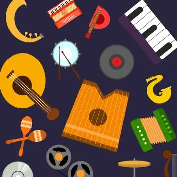 Musical instruments vector pattern of orchestra harp, contrabass and piano Stock Illustration