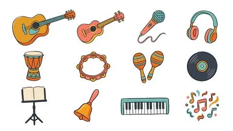 Musical instruments vector set with acoustic guitar ukulele microphone and .. Stock Illustration