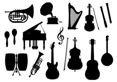 Musical instruments vector silhouette icons Illustrazione stock