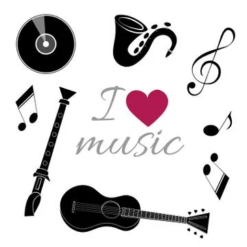 Musical instruments on a white background with a red heart. Stock Illustration