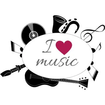 Musical instruments on a white background with a red heart. Stock Illustration