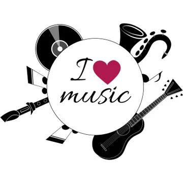 Musical instruments on a white background with a red heart. Stock Illustration