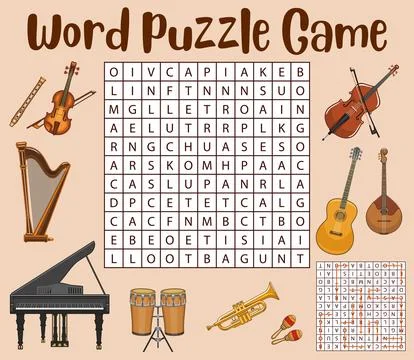 Musical instruments word search puzzle game Stock Illustration