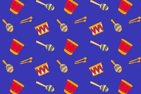 Musical maraca and drum seamless pattern Stock Illustration
