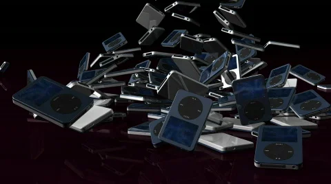 Musical mp3 player falling on reflective floor, Alpha Channel Stock Footage