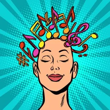 Musical notation note marks, woman composer composes or hears mu Stock Illustration
