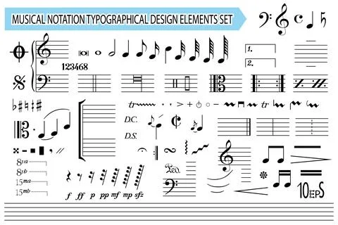 Musical notation, notes, music symbols, set. Templates editable Stock Illustration