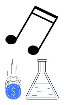 Musical Note, Blue Coin Stack, and Laboratory Flask with Liquid Representin.. Illustrazione stock