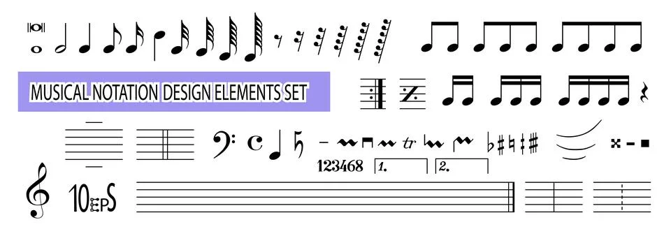 Musical note icon, musical notation, music symbols and signs, set. Vector Stock Illustration