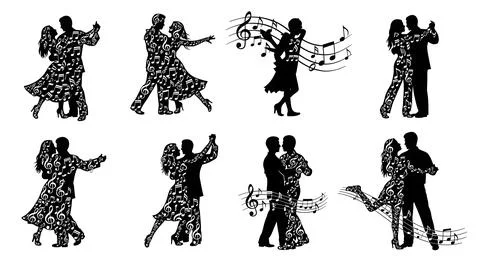 Musical Note Themed Dancing Couple Silhouettes Stock Illustration