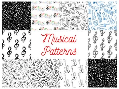 Musical notes and instruments pattern backgrounds Stock Illustration