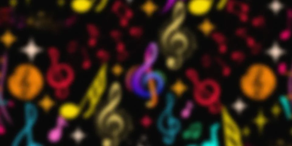Musical notes and symbols creating a colorful blurred seamless pattern Stock Illustration