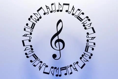 Musical notes and symbols with curves and swirls on a white background. 3D il Illustrazione stock