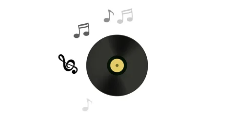 Musical notes and treble clef float around the plate record. Musical background Stock Footage 170141470