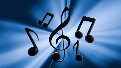 Musical notes and a treble clef floating amidst radiant light rays. Stock Illustration