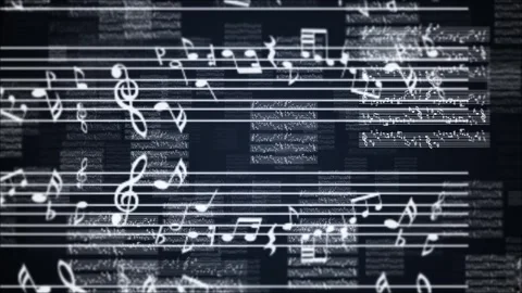 Musical notes background floating data music panels, blurred staff lines, studio Stock Footage 340469574