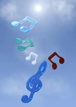 Musical notes floating in blue sky Photos