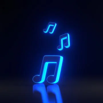 Musical notes fly with bright glowing futuristic blue neon lights Stock Illustration