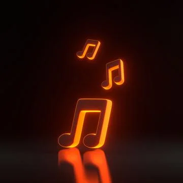 Musical notes fly with bright glowing futuristic orange neon lights Stock Illustration
