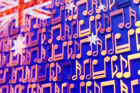 Musical notes lined up in even rows against the backdrop of the National Flag Stock Illustration