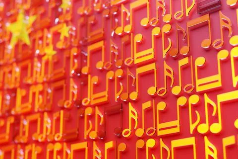 Musical notes lined up in even rows against the backdrop of the National Flag Stock Illustration
